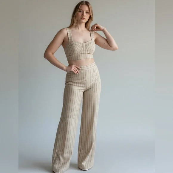 ❤️High-Rise Wide-Leg Pinstripe Pants - Beige - Picture 1 of 3